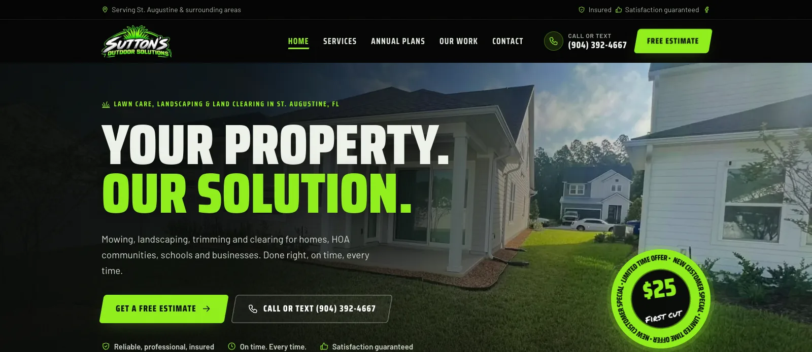 The Sutton's Outdoor Solutions website on a computer
